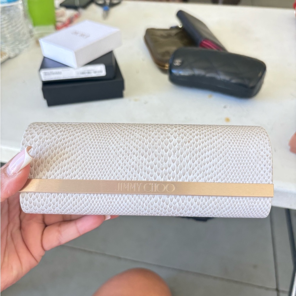 Jimmy Choo Light Beige Snakeskin-Texture Clutch with Gold Trim
